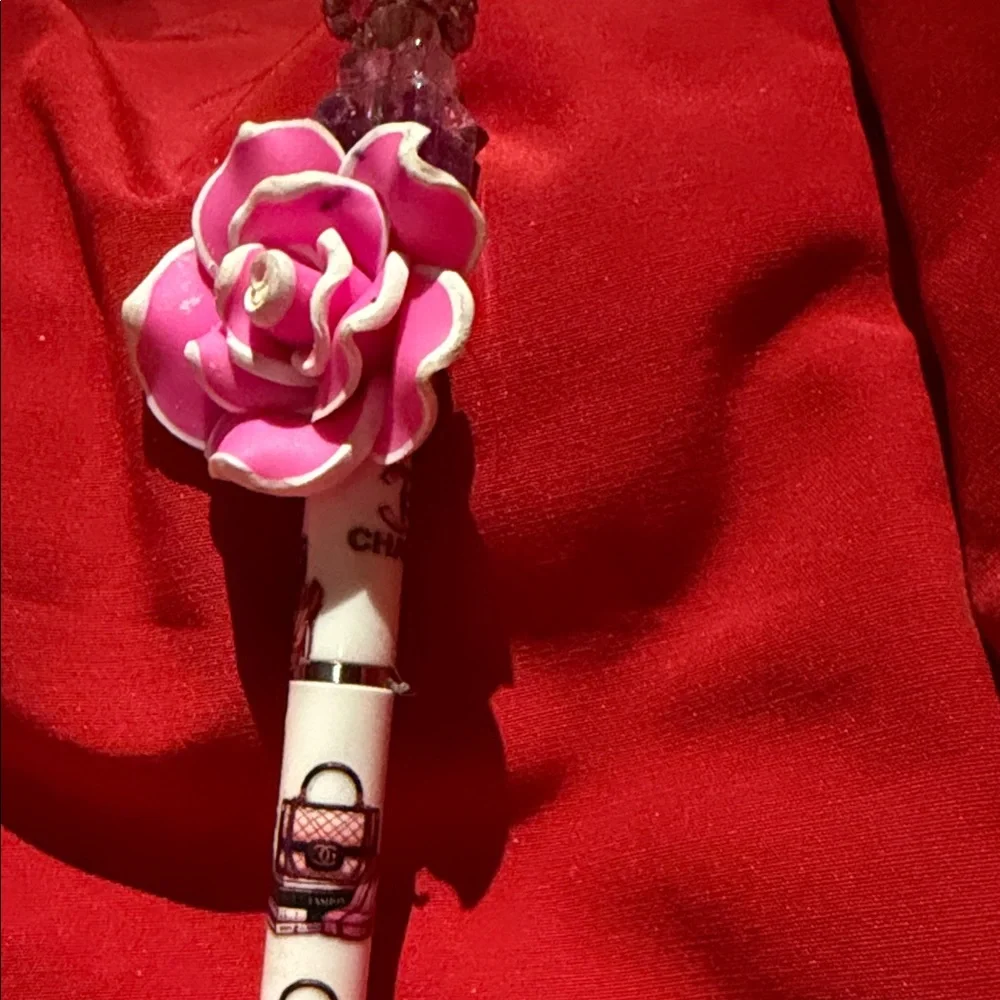 Chanel Pink pencil/ makeup brush holder with Floral Pen